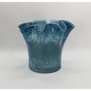 Zorza Blue Handkerchief Ruffle Edge Blown Glass Scented Candle Vase